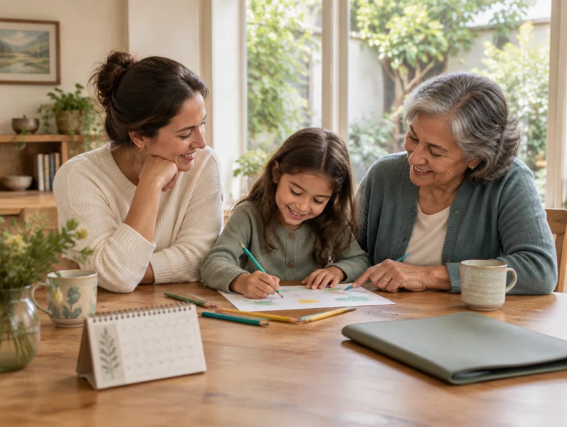 A child drawing with their mother and grandmother at home.